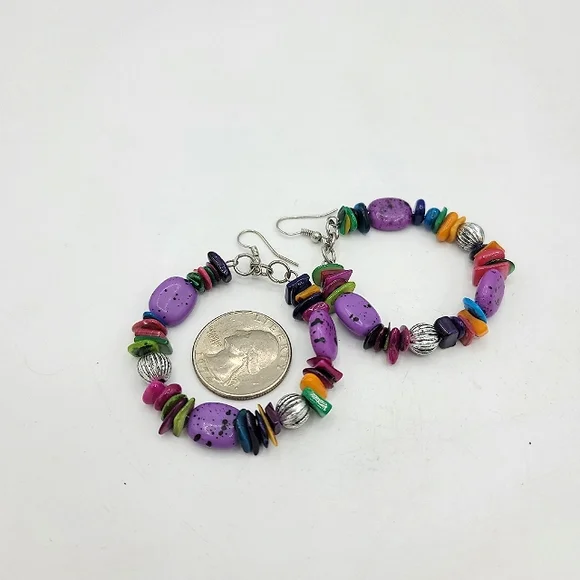 Beaded Multicolor French Hook Dangle Hoop Earrings Boho 90s Vintage - Picture 6 of 7